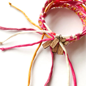 Pink Tourmaline Skinny Rag Braid Adjustable Bracelet