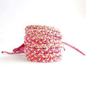 Pink Tourmaline Skinny Rag Braid Adjustable Bracelet