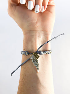 Sadie Super Chunky Double Sparkle Adjustable Bracelet in Gray + Wing Charm